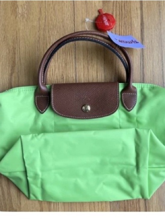 Longchamp Handbags - Longchamp Small too handle Lime Green Nylon Tote with Brown Leather Trim